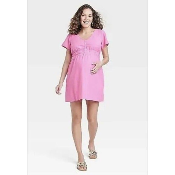Women's Isabel Maternity Short Sleeve Woven Mini Maternity Dress Pink - Picture 1 of 7